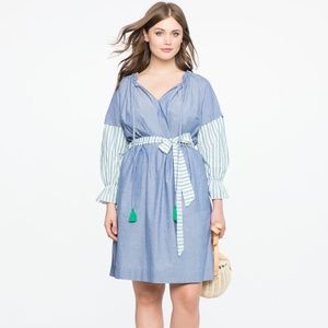 Striped sleeve denim dress with pockets